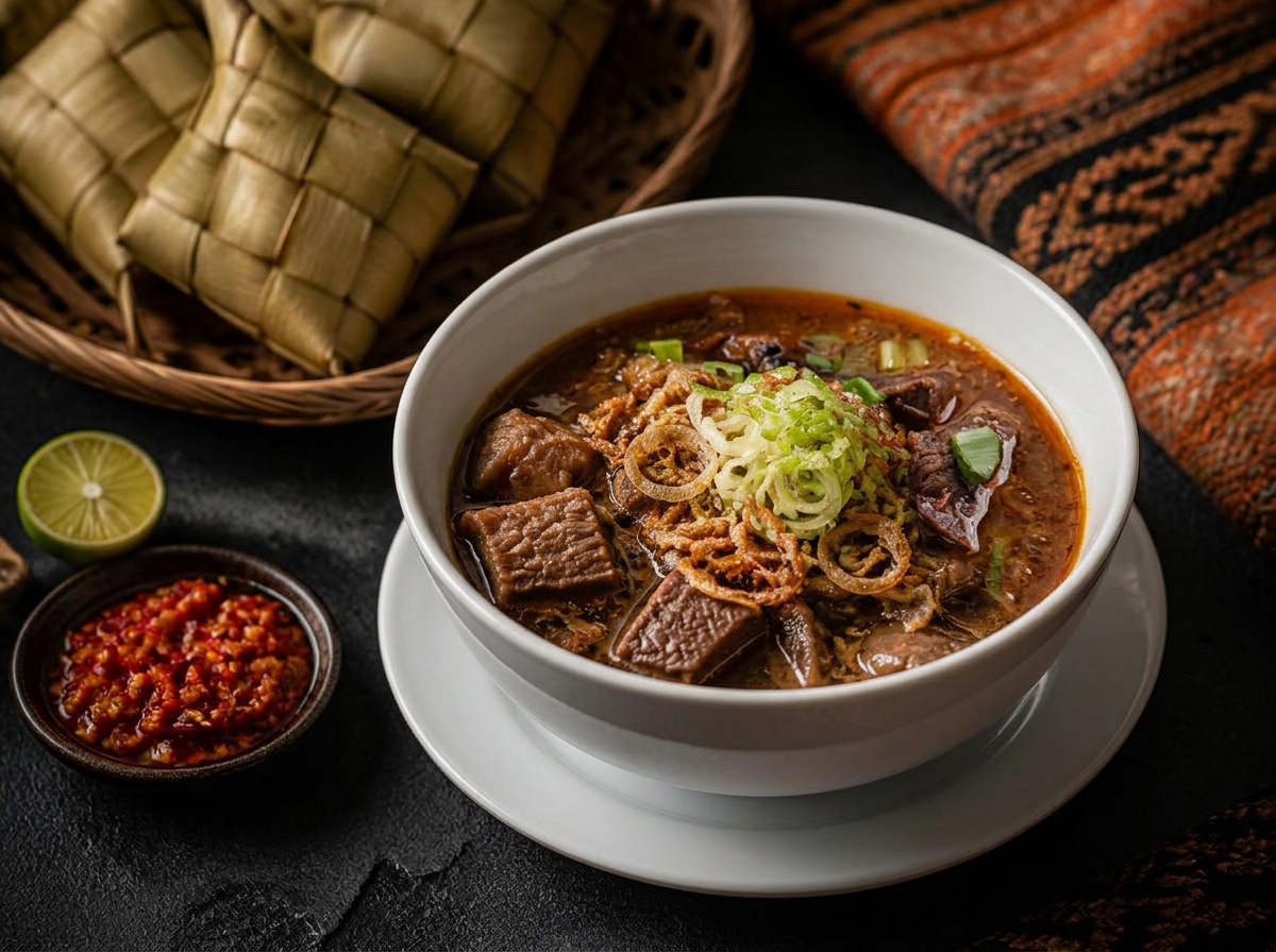 Coto Makassar with ketupat, lime and sambal