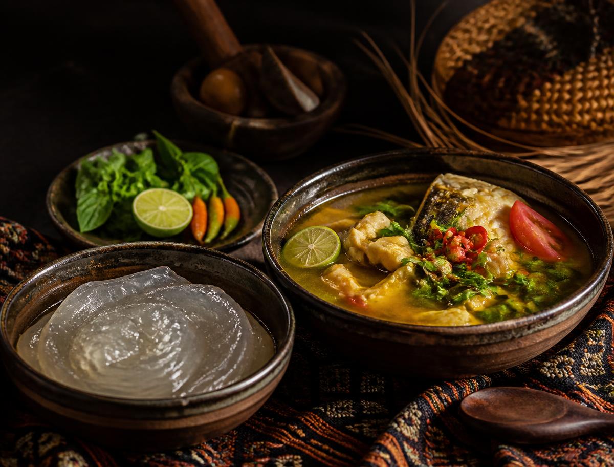 Papeda sago served with Ikan Kuah Kuning