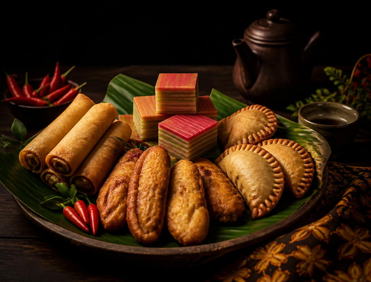 Indonesian snack platter with lumpia and kue lapis