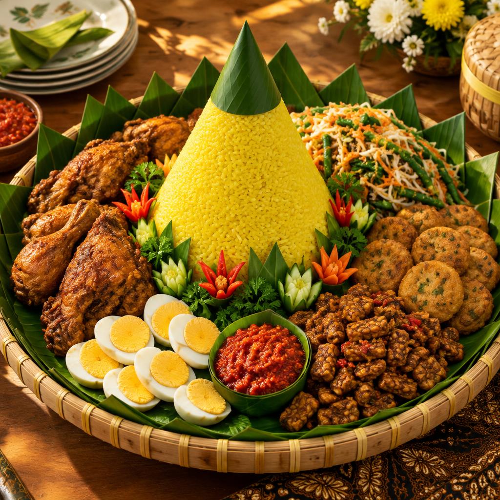 Festive Tumpeng cone of yellow rice with side dishes